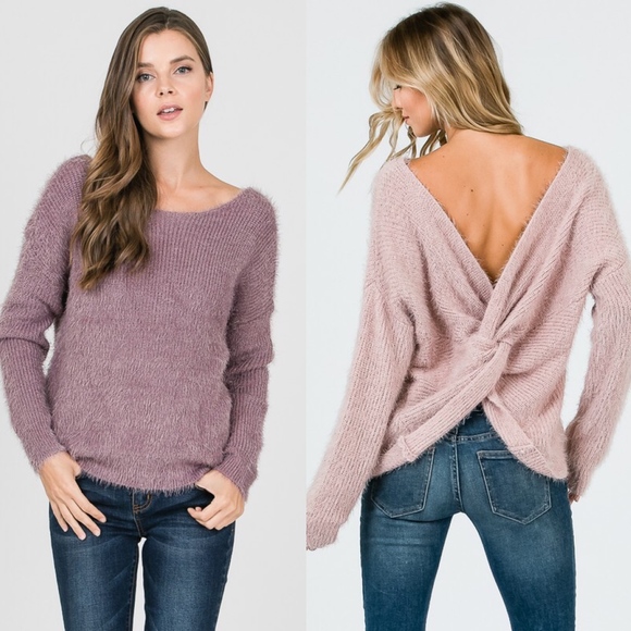 CHARLOTTE Fuzzy Open Back Sweater - D. PINK - Picture 3 of 3